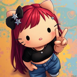 A depiction of a short Hello Kitty with long dark red hair and light tan skin, seen from an even higher upward perspective