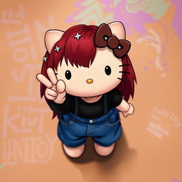 A depiction of a short Hello Kitty with long dark red hair and light tan skin, seen from an even higher upward perspective