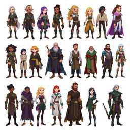 Create a diverse set of character concepts featuring different races, genders, and professions