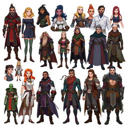 Create a diverse set of character concepts featuring different races, genders, and professions