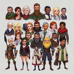 Create a diverse set of character concepts featuring different races, genders, and professions