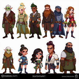 Create a diverse set of character concepts featuring different races, genders, and professions