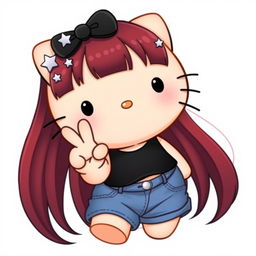 A depiction of a short Hello Kitty with long dark red hair and light tan skin, seen from an upward perspective