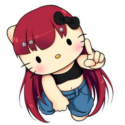 A depiction of a short Hello Kitty with long dark red hair and light tan skin, seen from an upward perspective