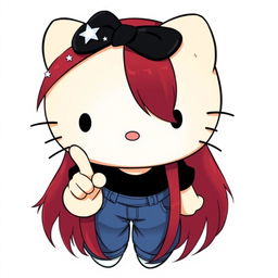 A depiction of a short Hello Kitty with long dark red hair and light tan skin, seen from an upward perspective