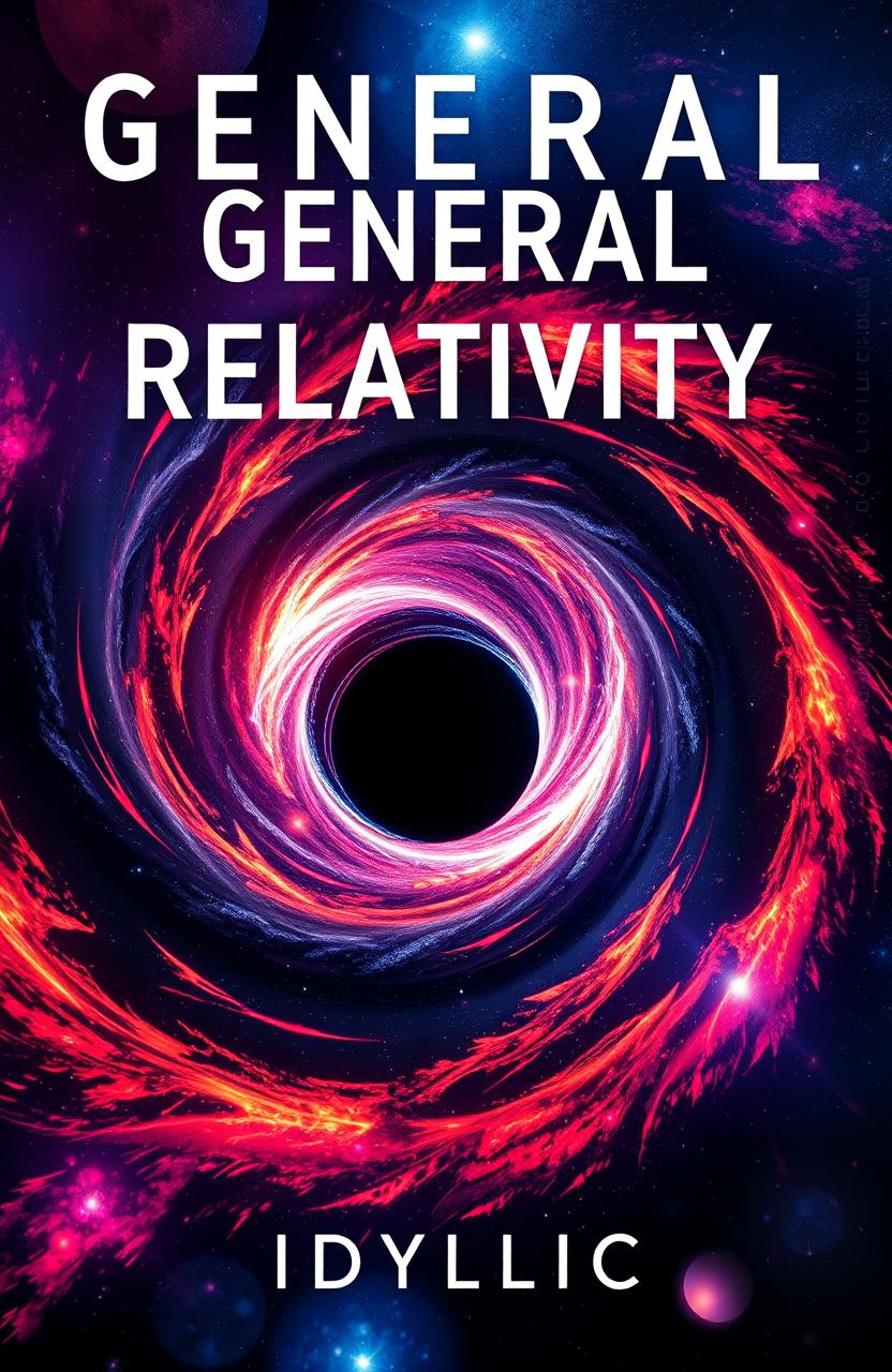 Design a captivating book cover for a book titled 'GENERAL RELATIVITY' with the author name 'IDYLLIC'