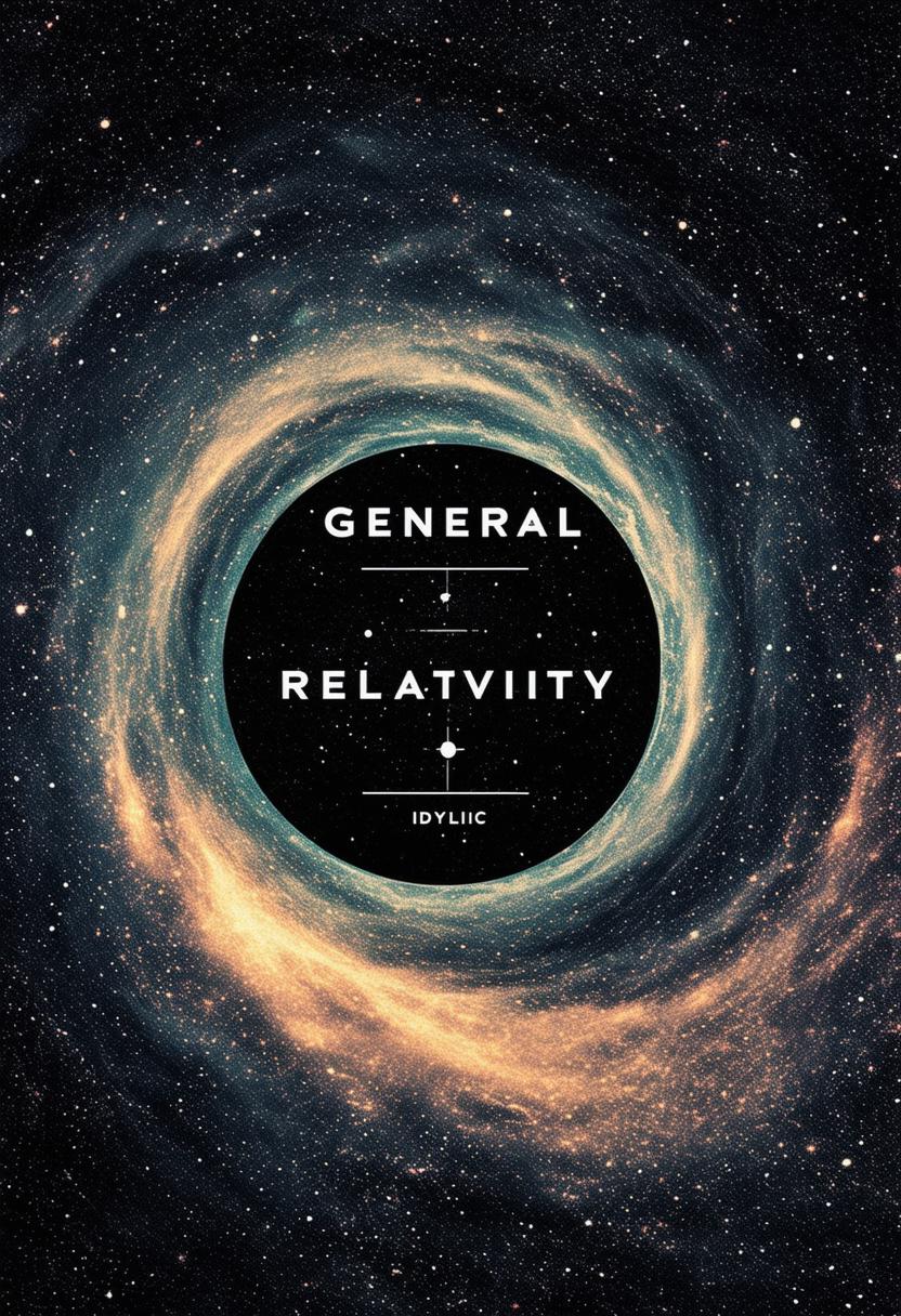 Create a book cover for 'GENERAL RELATIVITY' by 'IDYLLIC' with a black hole background