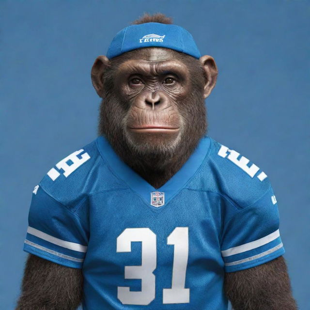 A cartoon-style, friendly ape wearing a Detroit Lions jersey, standing proudly.