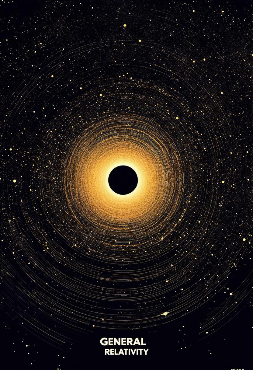 Create a stunning book cover for 'GENERAL RELATIVITY' by 'IDYLLIC' with a black hole background