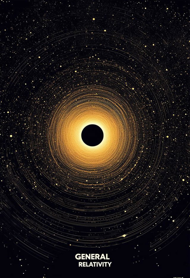 Create a stunning book cover for 'GENERAL RELATIVITY' by 'IDYLLIC' with a black hole background