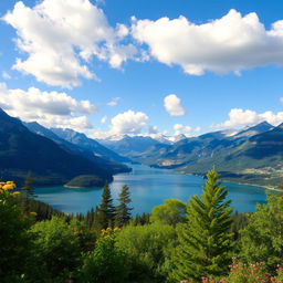 Generate an image of a beautiful landscape featuring a serene lake surrounded by mountains, with a clear blue sky and fluffy white clouds