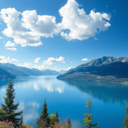 Generate an image of a beautiful landscape featuring a serene lake surrounded by mountains, with a clear blue sky and fluffy white clouds