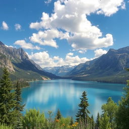 Generate an image of a beautiful landscape featuring a serene lake surrounded by mountains, with a clear blue sky and fluffy white clouds