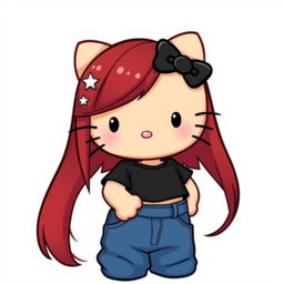 A depiction of a short Hello Kitty with long dark red hair and light tan skin