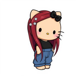 A depiction of a short Hello Kitty with long dark red hair and light tan skin