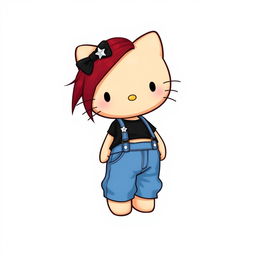 A depiction of a short Hello Kitty with long dark red hair and light tan skin