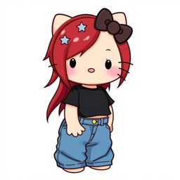 A depiction of a short Hello Kitty with long dark red hair and light tan skin