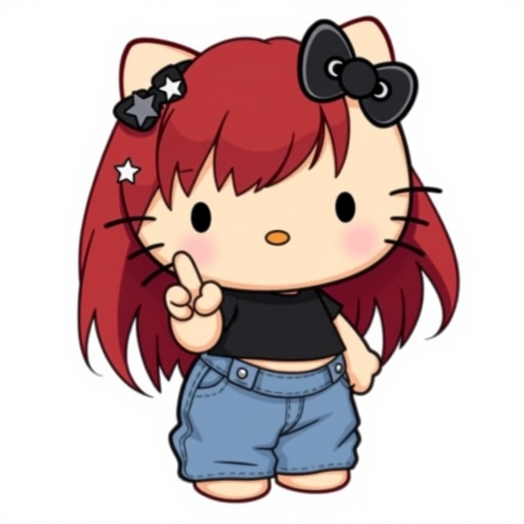 A depiction of a short Hello Kitty with long dark red hair and light tan skin