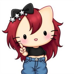 A depiction of a short Hello Kitty with long dark red hair and light tan skin