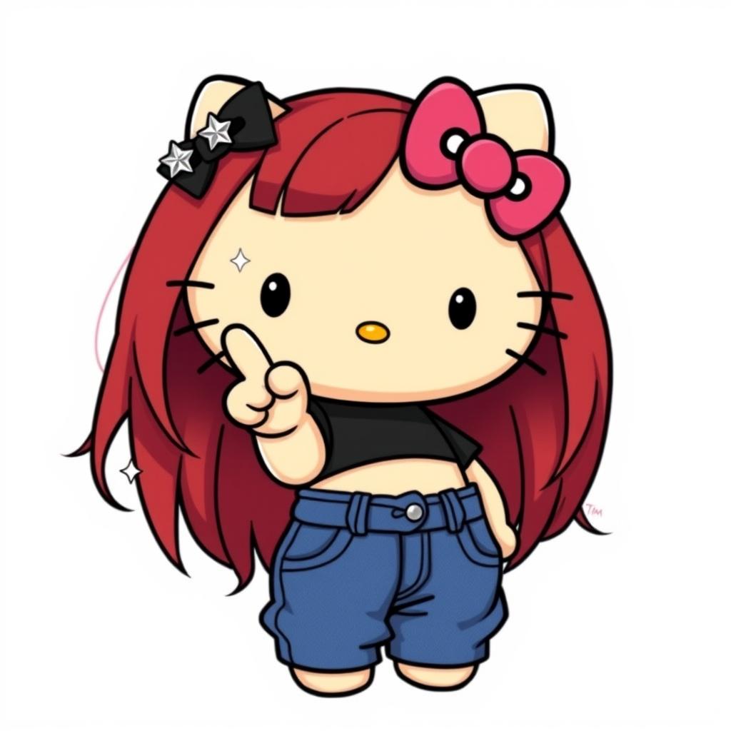 A depiction of a short Hello Kitty with long dark red hair and light tan skin