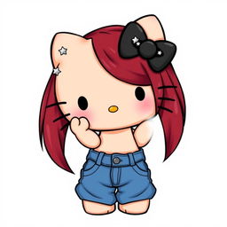 A depiction of a short Hello Kitty with long dark red hair and light tan skin