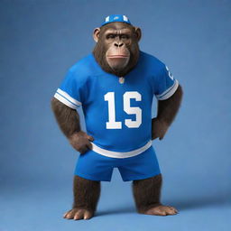 A cartoon-style, friendly ape wearing a Detroit Lions jersey, standing proudly.