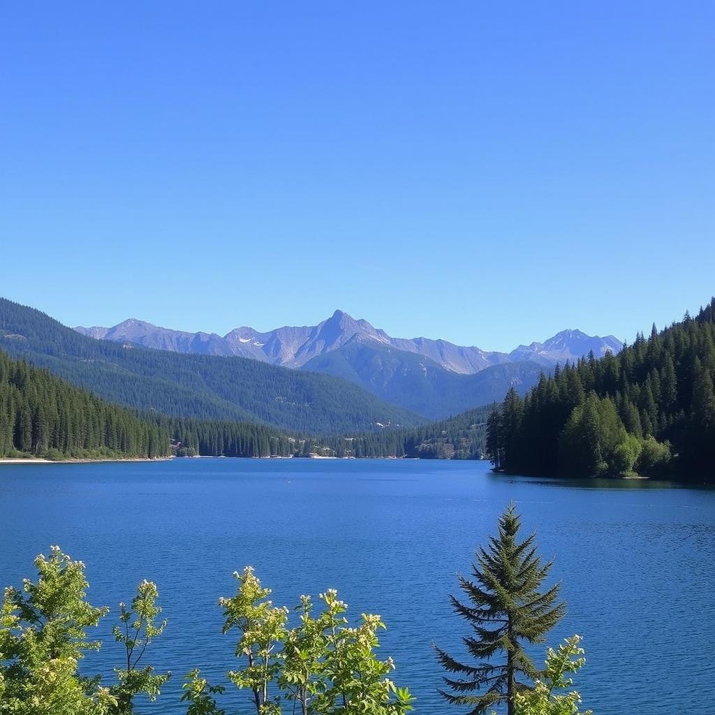 A beautiful landscape featuring a serene lake surrounded by lush green trees and mountains in the background under a clear blue sky