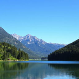 A beautiful landscape featuring a serene lake surrounded by lush green trees and mountains in the background under a clear blue sky