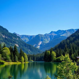 A beautiful landscape featuring a serene lake surrounded by lush green trees and mountains in the background under a clear blue sky