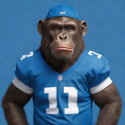 A cartoon-style, friendly ape wearing a Detroit Lions jersey, standing proudly.