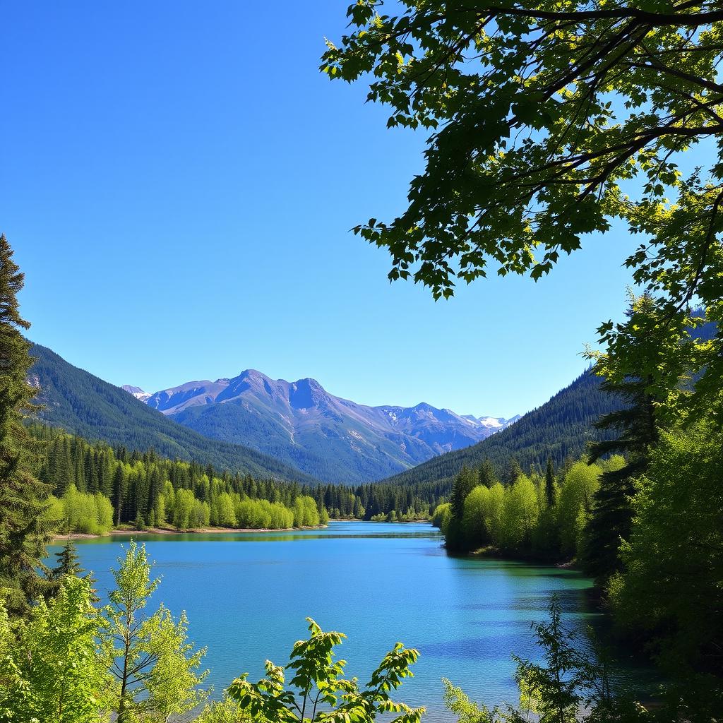 A beautiful landscape featuring a serene lake surrounded by lush green trees and mountains in the background under a clear blue sky