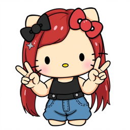 A depiction of a short Hello Kitty with long dark red hair and light tan skin