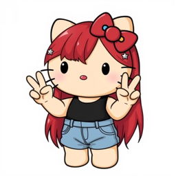 A depiction of a short Hello Kitty with long dark red hair and light tan skin