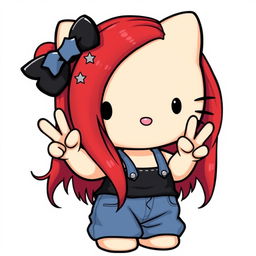 A depiction of a short Hello Kitty with long dark red hair and light tan skin