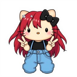 A depiction of a short Hello Kitty with long dark red hair and light tan skin