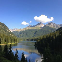 A beautiful landscape featuring a serene lake surrounded by lush green forests and majestic mountains in the background