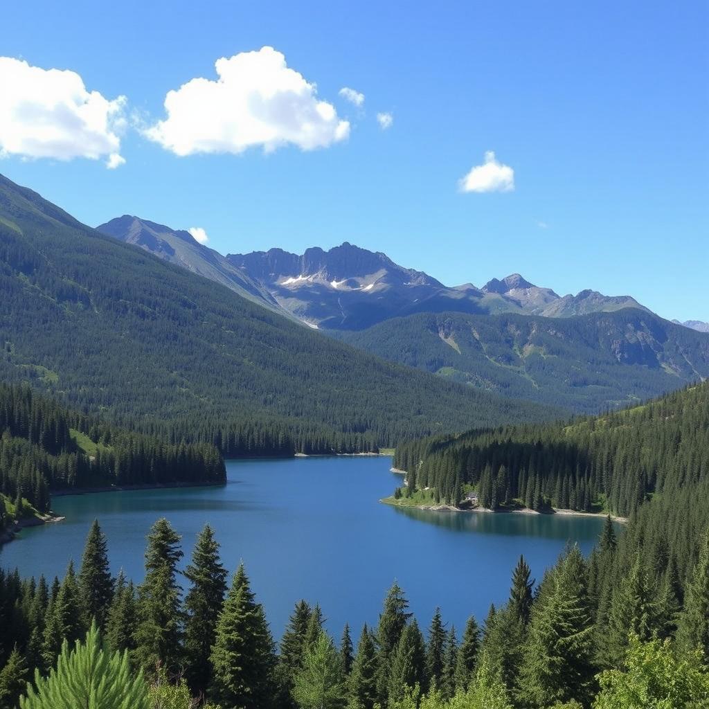 A beautiful landscape featuring a serene lake surrounded by lush green forests and majestic mountains in the background