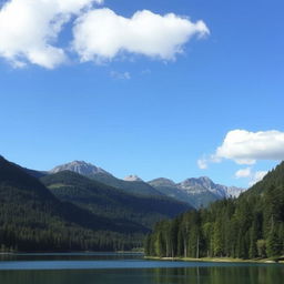 A beautiful landscape featuring a serene lake surrounded by lush green forests and majestic mountains in the background