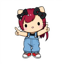 A depiction of a short Hello Kitty with long dark red hair and light tan skin