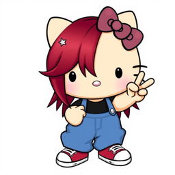 A depiction of a short Hello Kitty with long dark red hair and light tan skin