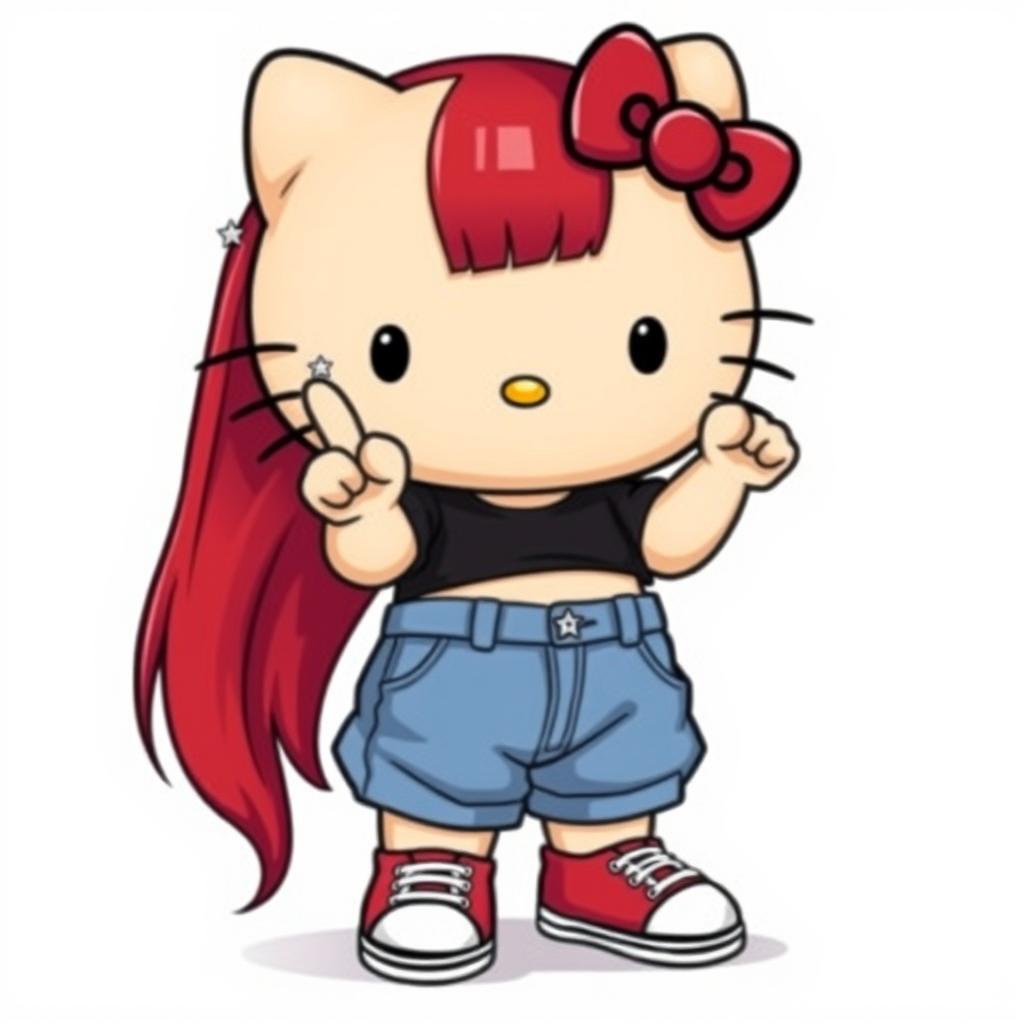 A depiction of a short Hello Kitty with long dark red hair and light tan skin