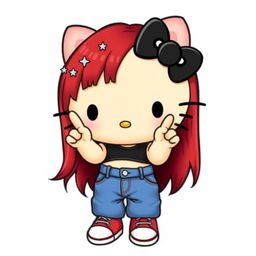 A depiction of a short Hello Kitty with long dark red hair and light tan skin