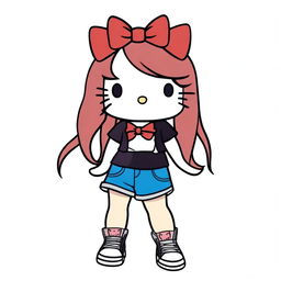 A depiction of a short Hello Kitty with long dark red hair and light tan skin