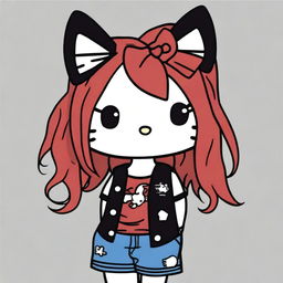 A depiction of a short Hello Kitty with long dark red hair and light tan skin