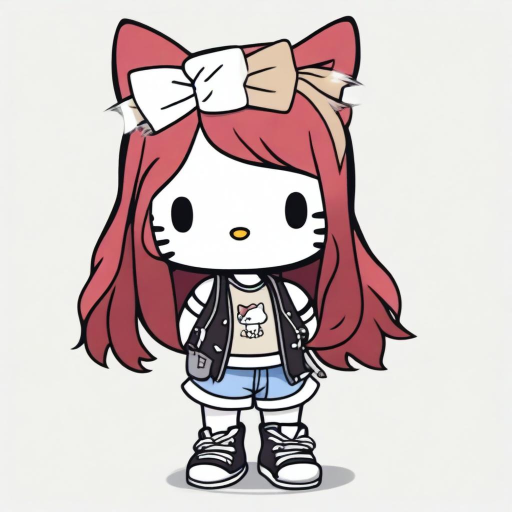 A depiction of a short Hello Kitty with long dark red hair and light tan skin