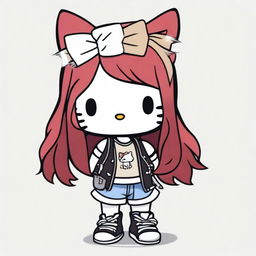 A depiction of a short Hello Kitty with long dark red hair and light tan skin