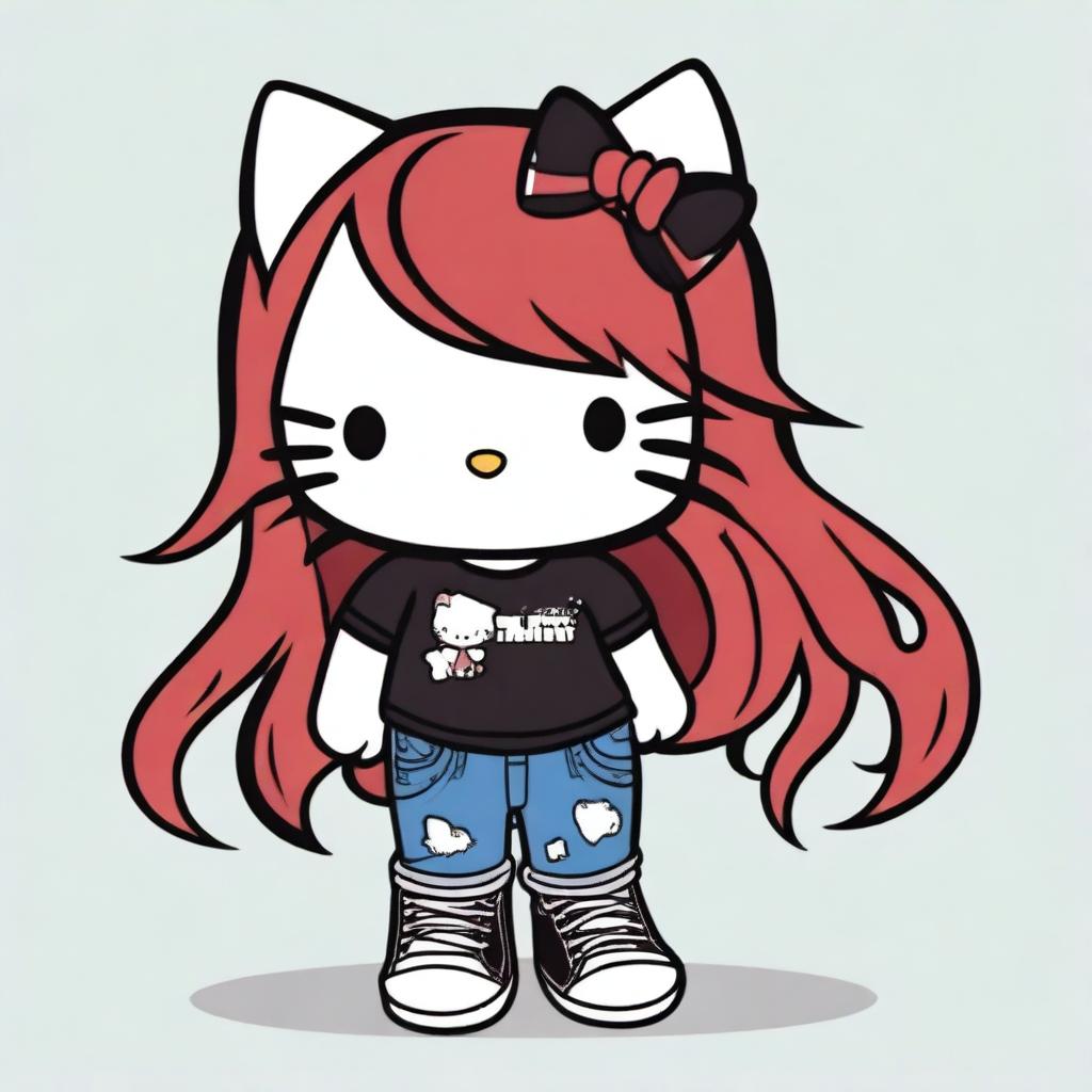 A depiction of a short Hello Kitty with long dark red hair and light tan skin