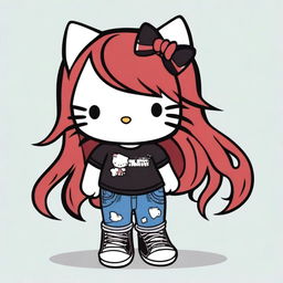 A depiction of a short Hello Kitty with long dark red hair and light tan skin