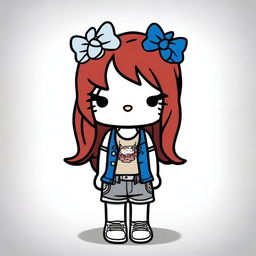 A depiction of a short Hello Kitty with long dark red hair and light tan skin