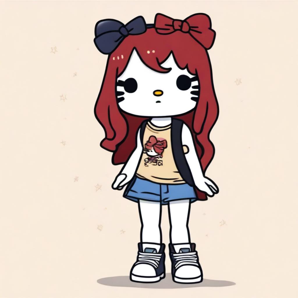 A depiction of a short Hello Kitty with long dark red hair and light tan skin